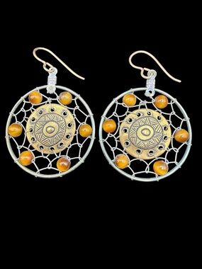 Bohemian Amber Bead Dreamcatcher Hoop Earrings